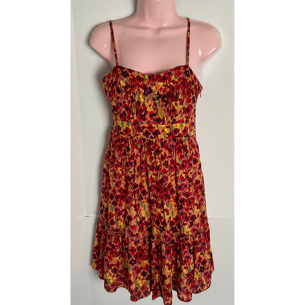 Fossil Vintage Red Floral Poppy Sun Dress Tiered Ruffle Hem XS 291202